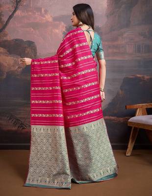 Pink woven design banarasi saree with blouse piece 3