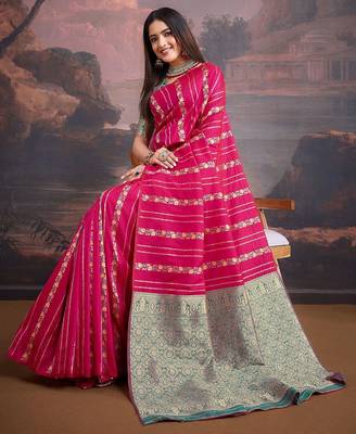 Pink woven design banarasi saree with blouse piece 4