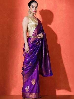 Purple woven design banarasi sarees with blouse piece 3