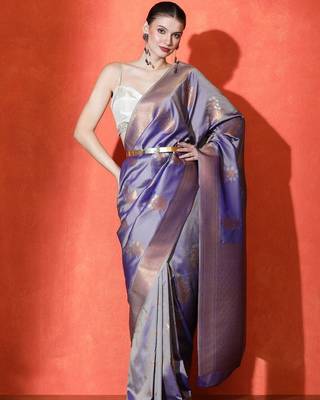 Purple woven design katan sarees with blouse piece 1