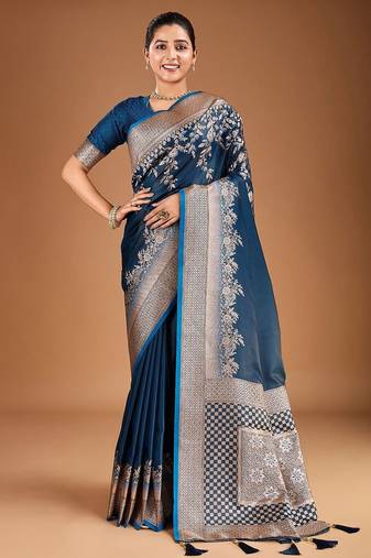 Teal floral zari woven design tassels saree with blouse piece