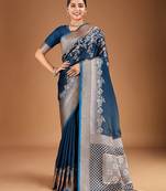 Teal floral zari woven design tassels saree with blouse piece
