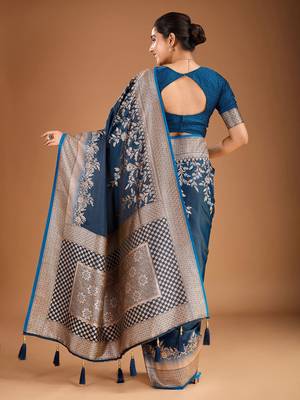 Teal floral zari woven design tassels saree with blouse piece 3