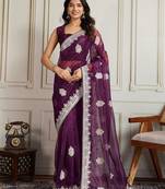 Magenta ethnic motifs embroidered net saree