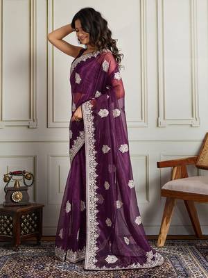 Magenta ethnic motifs embroidered net saree 2