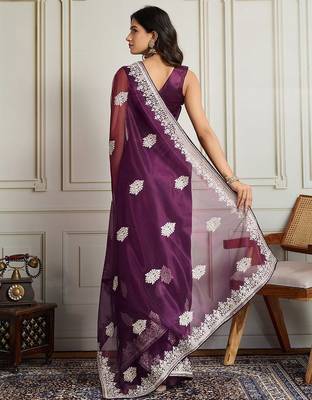 Magenta ethnic motifs embroidered net saree 3