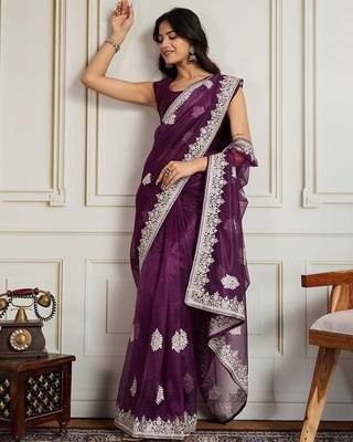 Magenta ethnic motifs embroidered net saree 4