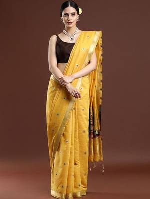 Yellow woven design muga saree with blouse 1