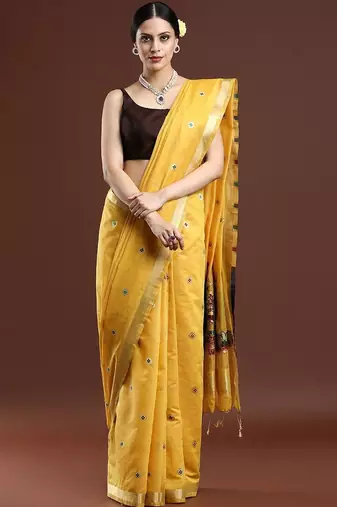 Yellow woven design muga saree with blouse