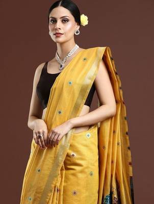 Yellow woven design muga saree with blouse 2