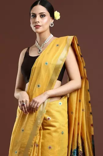 Yellow woven design muga saree with blouse