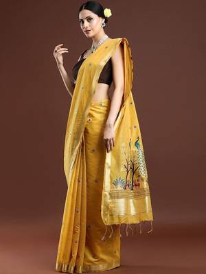 Yellow woven design muga saree with blouse 3