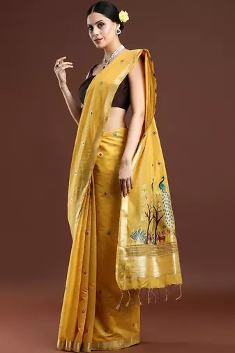 Yellow woven design muga saree with blouse