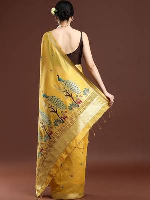 Yellow woven design muga saree with blouse 4