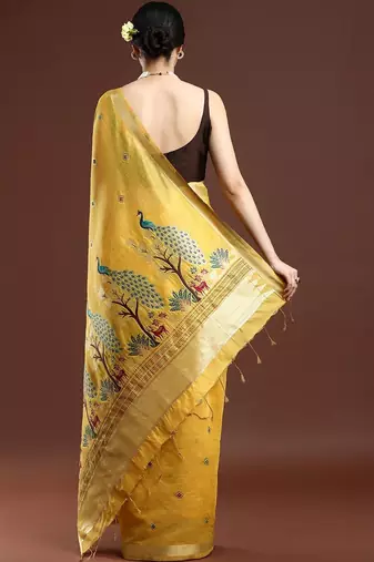 Yellow woven design muga saree with blouse
