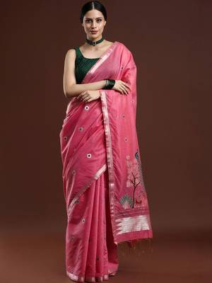 Pink woven design muga sarees with blouse piece 1