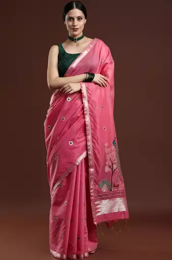 Pink woven design muga sarees with blouse piece