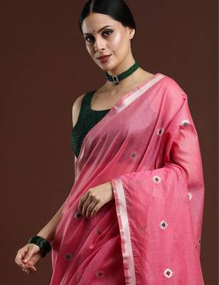 Pink woven design muga sarees with blouse piece 2
