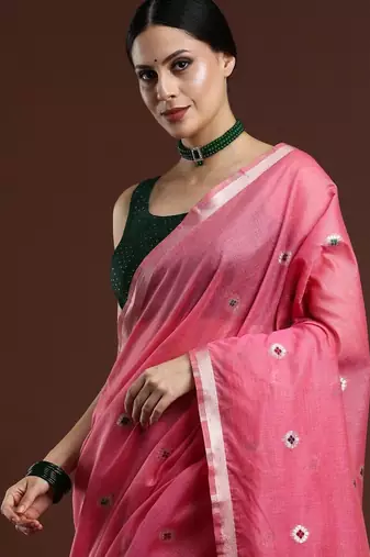 Pink woven design muga sarees with blouse piece