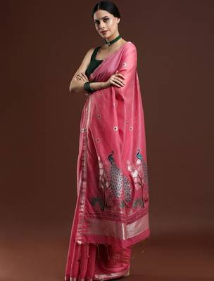 Pink woven design muga sarees with blouse piece 3