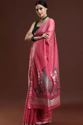 Pink woven design muga sarees with blouse piece