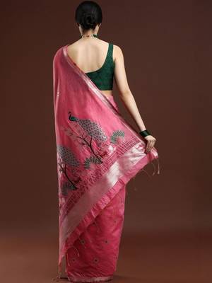 Pink woven design muga sarees with blouse piece 4