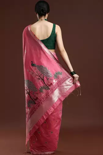 Pink woven design muga sarees with blouse piece