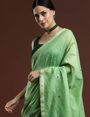 Green woven design muga saree with blouse 2