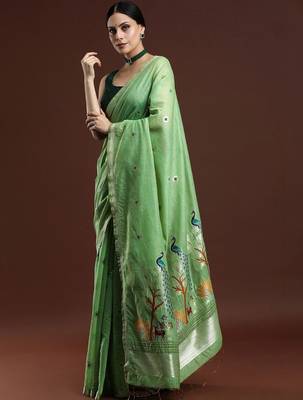 Green woven design muga saree with blouse 3