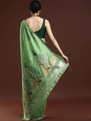 Green woven design muga saree with blouse 4