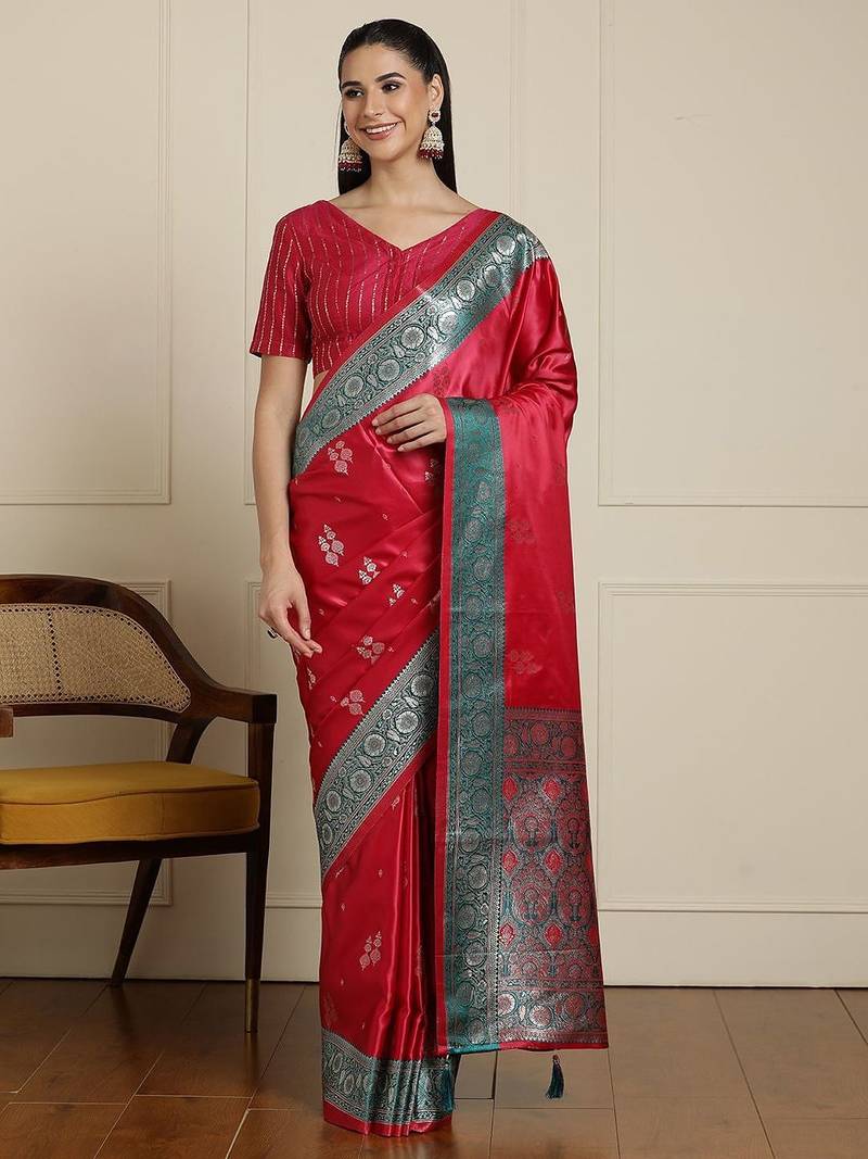 Red woven design zari banarasi saree