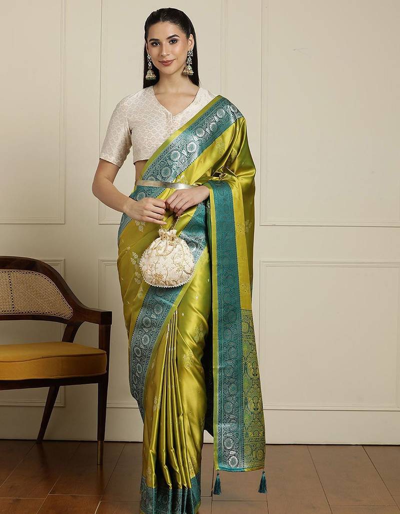 Green ethnic motifs zari banarasi saree