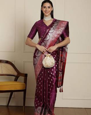 Purple woven design banarssi saree with unstitched blouse 1