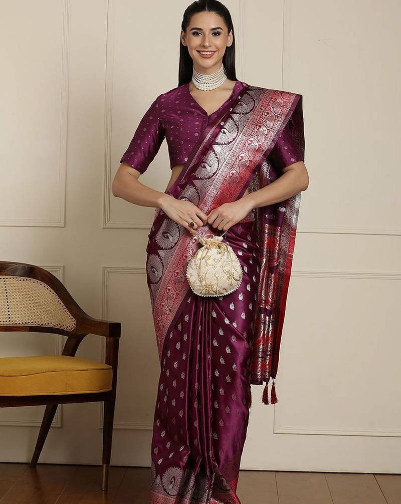 Purple woven design banarssi saree with unstitched blouse