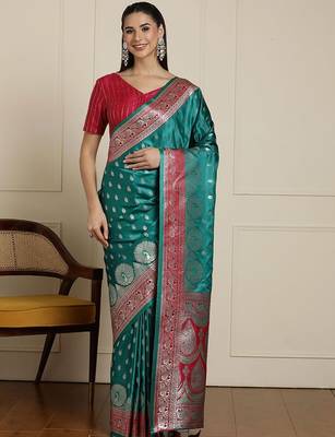 Sea green ethnic motif woven design zari banarasi satin silk saree & blouse piece 1