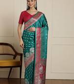 Sea green ethnic motif woven design zari banarasi satin silk saree & blouse piece