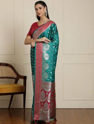 Sea green ethnic motif woven design zari banarasi satin silk saree & blouse piece 2