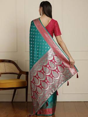 Sea green ethnic motif woven design zari banarasi satin silk saree & blouse piece 3