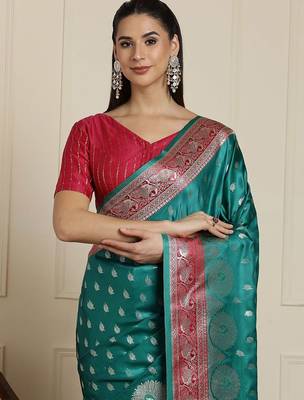 Sea green ethnic motif woven design zari banarasi satin silk saree & blouse piece 4