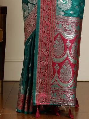 Sea green ethnic motif woven design zari banarasi satin silk saree & blouse piece 5