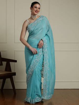Blue solid embellished beads and stones saree 1