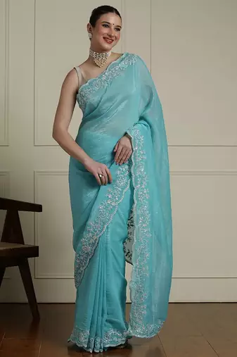 Blue solid embellished beads and stones saree