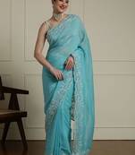 Blue solid embellished beads and stones saree