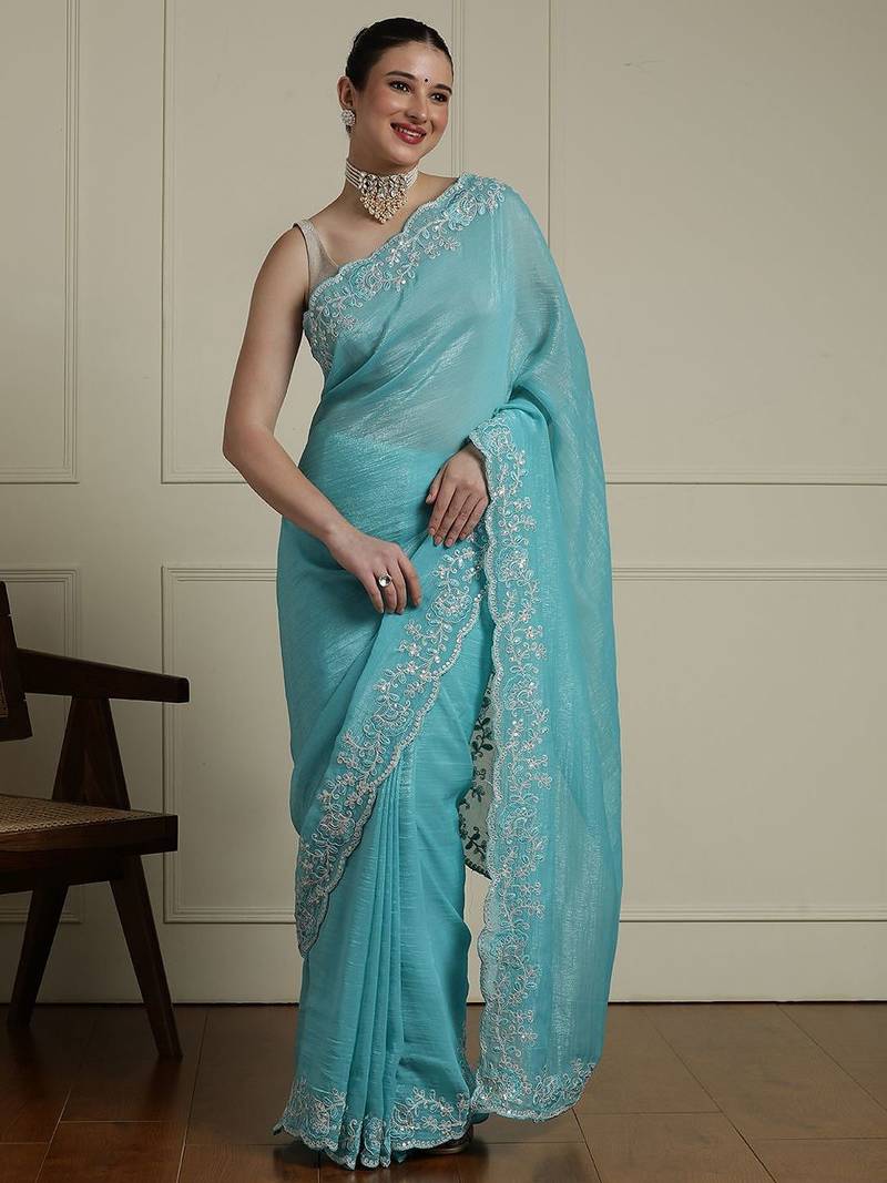 Blue solid embellished beads and stones saree