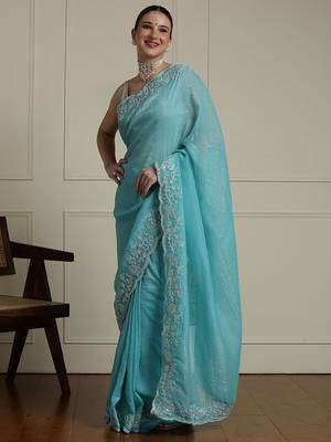 Blue solid embellished beads and stones saree 2