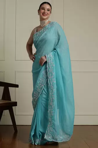Blue solid embellished beads and stones saree