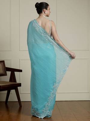 Blue solid embellished beads and stones saree 3