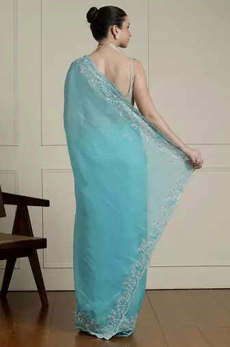 Blue solid embellished beads and stones saree