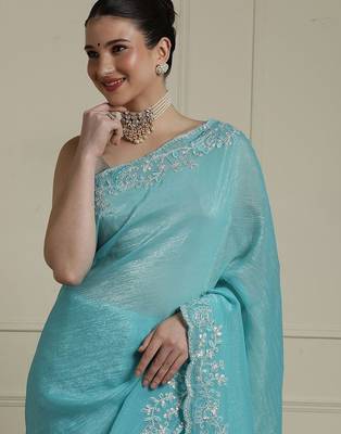 Blue solid embellished beads and stones saree 4