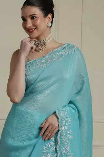 Blue solid embellished beads and stones saree